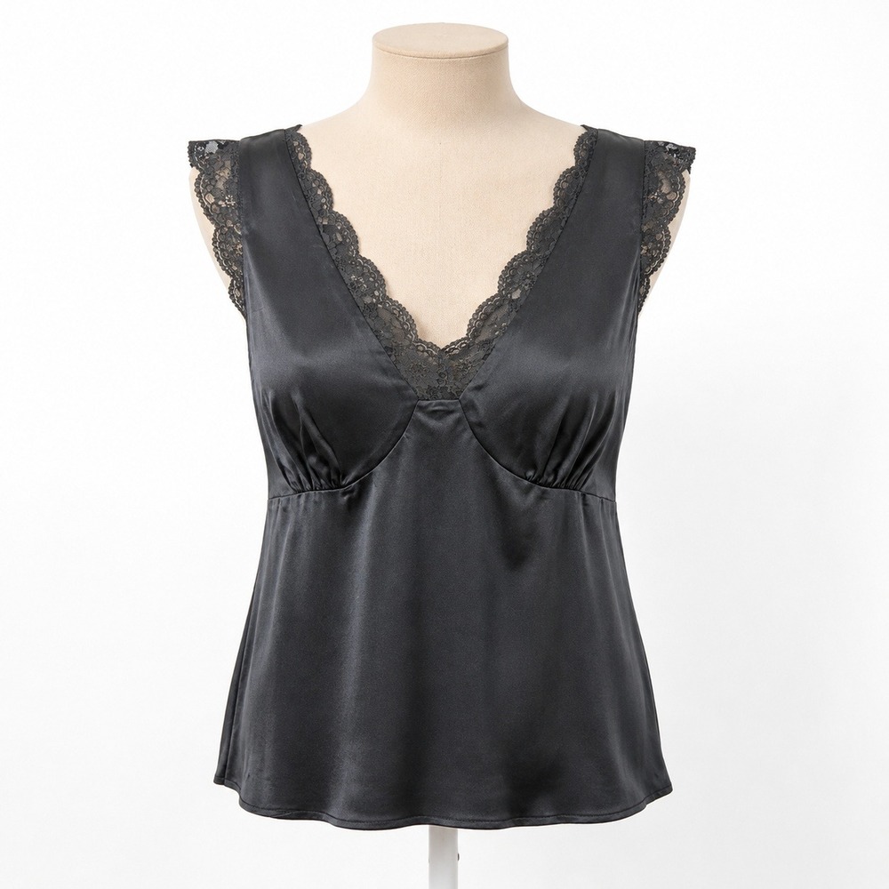 Vintage Y2K 100% Silk Babydoll Tank Top Size 14 Black Lace Trim Whimsigoth Goth